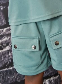 SHEIN Chàng trai trẻ Đồ họa Chữ cái Áo ba lỗ & Túi có nắp Quần short - Màu xanh Bạc hà - Xem 5