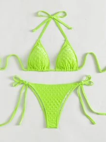SHEIN Neon Green Tie Side Bikini - Lime Green - View 3