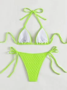 SHEIN Neon Green Tie Side Bikini - Lime Green - View 2