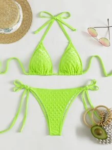 SHEIN Neon Green Tie Side Bikini - Lime Green - View 4
