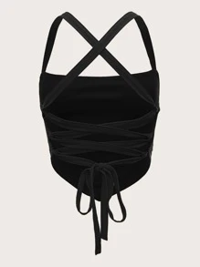 SHEIN ICON Lace Up Rib Knit Cami Top - Black - View 2