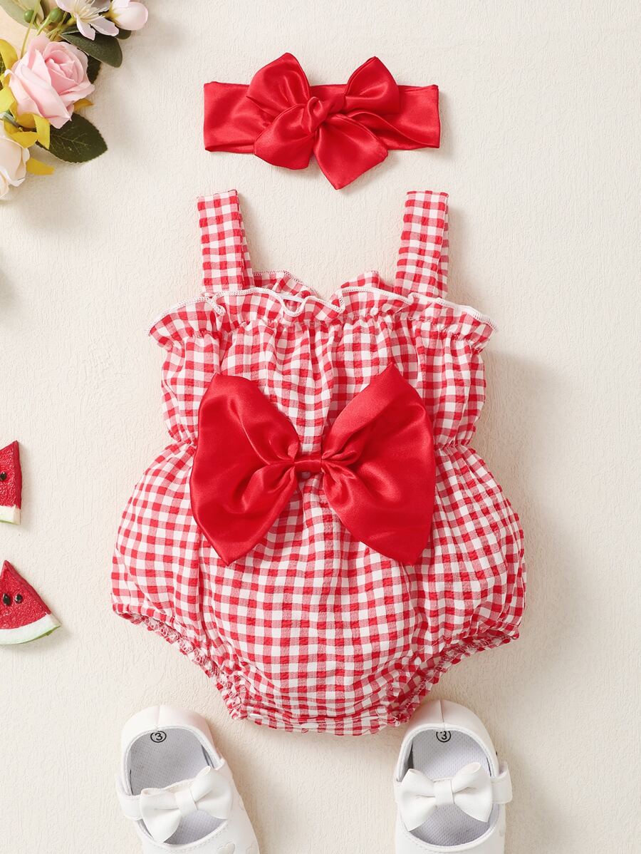 Bodysuits Em bé Nơ Bướm Kẻ sọc - Đỏ và trắng - Xem 1