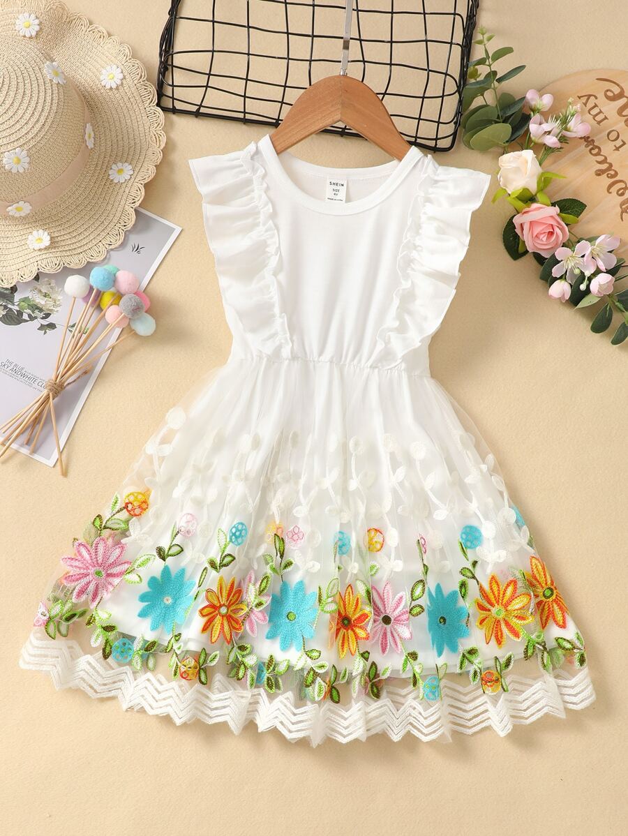 小女童花卉刺繡拼接網紗荷葉邊連衣裙 - 白色 - 查看 1