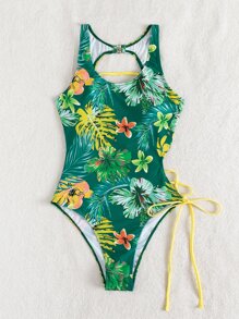 SHEIN Swim Summer Beach Random Tropical Print Lace Up Back One Piece Swimsuit - Multicolor - View 2