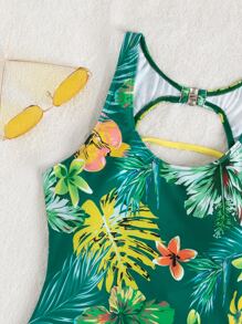 SHEIN Swim Summer Beach Random Tropical Print Lace Up Back One Piece Swimsuit - Multicolor - View 3