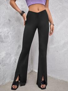 SHEIN ICON 90s Low Rise V-cut Waist Split Hem Flare Leg Trousers - Black - View 1