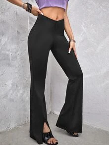 SHEIN ICON 90s Low Rise V-cut Waist Split Hem Flare Leg Trousers - Black - View 3