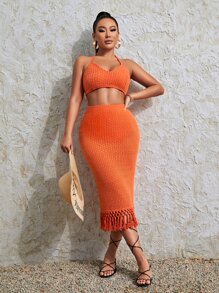 SHEINNeu Solid Textured Crop Halter Top & Fringe Hem Skirt Set - Burnt Orange - View 1