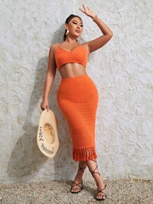 SHEINNeu Solid Textured Crop Halter Top & Fringe Hem Skirt Set - Burnt Orange - View 3