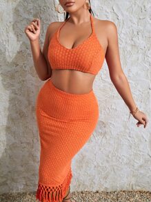 SHEINNeu Solid Textured Crop Halter Top & Fringe Hem Skirt Set - Burnt Orange - View 5