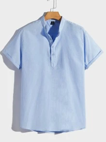 Manfinity RebelGame 男士夏季休閒純色高領四分扣釦襯衫 - 淺藍色 - 查看 1