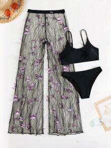 Summer Beach 3packs Solid Bikini & Appliques Mesh Cover Up Pants - Black - View 4