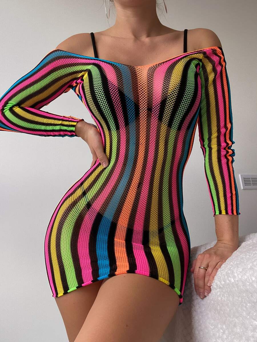 Swim Lushoire Summer Beach Striped Hollow Out Backless Cover Up - Multicolor - View 1