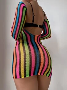 Swim Lushoire Summer Beach Striped Hollow Out Backless Cover Up - Multicolor - View 2