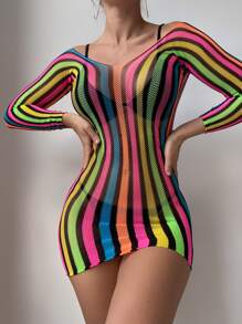 Swim Lushoire Summer Beach Striped Hollow Out Backless Cover Up - Multicolor - View 4