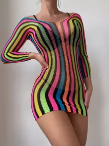 Swim Lushoire Summer Beach Striped Hollow Out Backless Cover Up - Multicolor - View 6