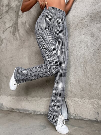 بنطلون بساق واسع خصر عالي بطباعة مربعات جلين بحافة شق