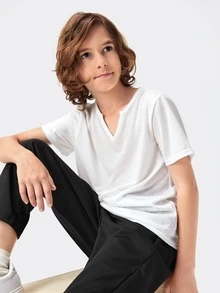 SHEIN Boys Solid Notched Neck Tee - White - View 7