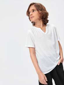 SHEIN Boys Solid Notched Neck Tee - White - View 8