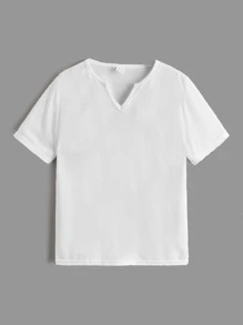 SHEIN Boys Solid Notched Neck Tee - White - View 1