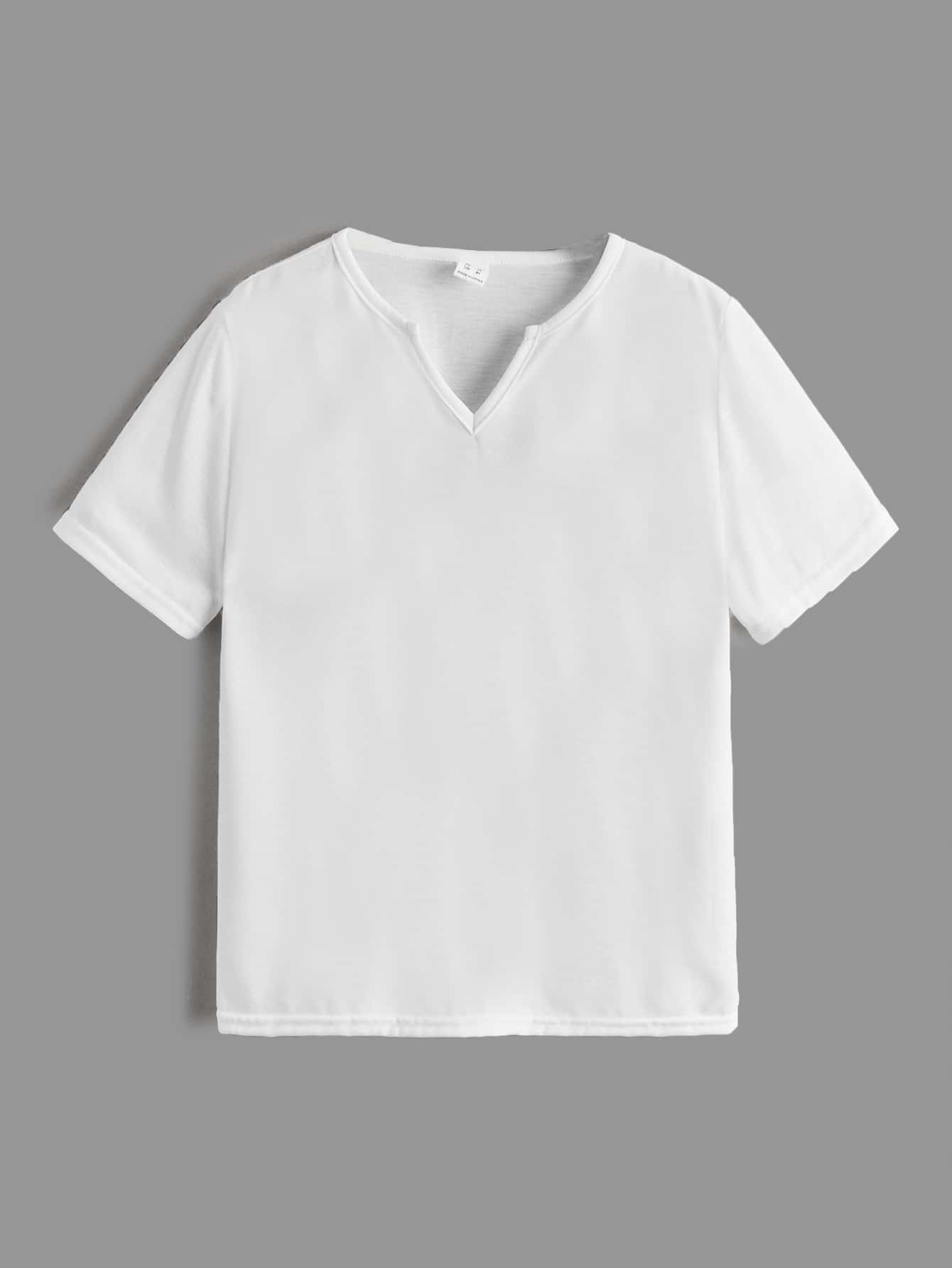 SHEIN Boys Solid Notched Neck Tee - White - View 1
