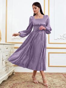Modelyn Đầm cườm đính Ngọc trai Dây kéo màu trơn Thanh lịch - Màu tím hoa cà - Xem 3