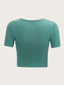 ROMWE Chất rắn Xù Áo phông Crop - Màu xanh ngọc - Xem 2