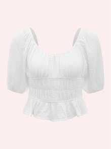 SHEIN MOD Puff Sleeve Ruched Ruffle Hem Top - White - View 1