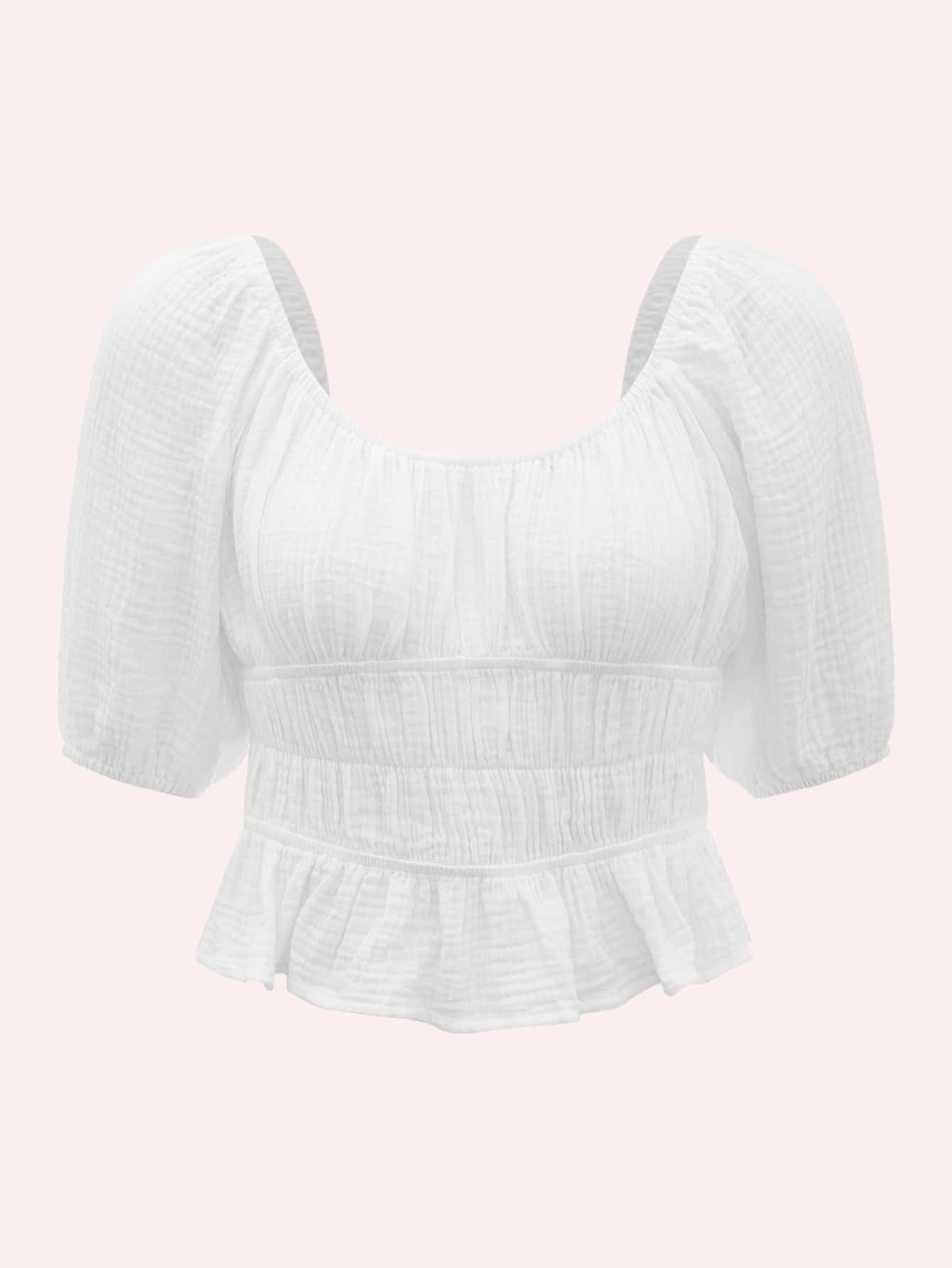 SHEIN MOD Puff Sleeve Ruched Ruffle Hem Top - White - View 1