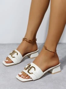 Summer New Fashion Square Toe Plus Size Women Metal Chain Embellished Slides, Mid Heel Mules Sandals - White - View 6