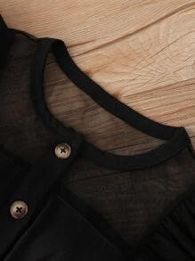 SHEIN Young Girl Contrast Mesh Butterfly Sleeve Romper Summer Holiday - Black - View 3