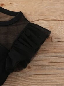 SHEIN Young Girl Contrast Mesh Butterfly Sleeve Romper Summer Holiday - Black - View 4