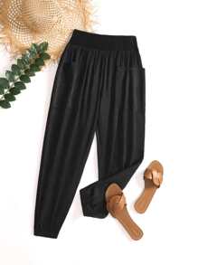 Plus Shirred Pocket Patched Trousers - Black - View 1