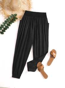 Plus Shirred Pocket Patched Trousers - Black - View 2