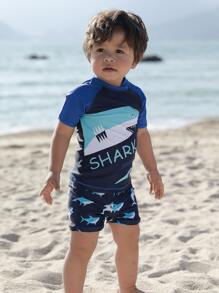 男嬰鯊魚和字母圖案高領沙灘泳裝 - 藏蓝色 - 查看 6