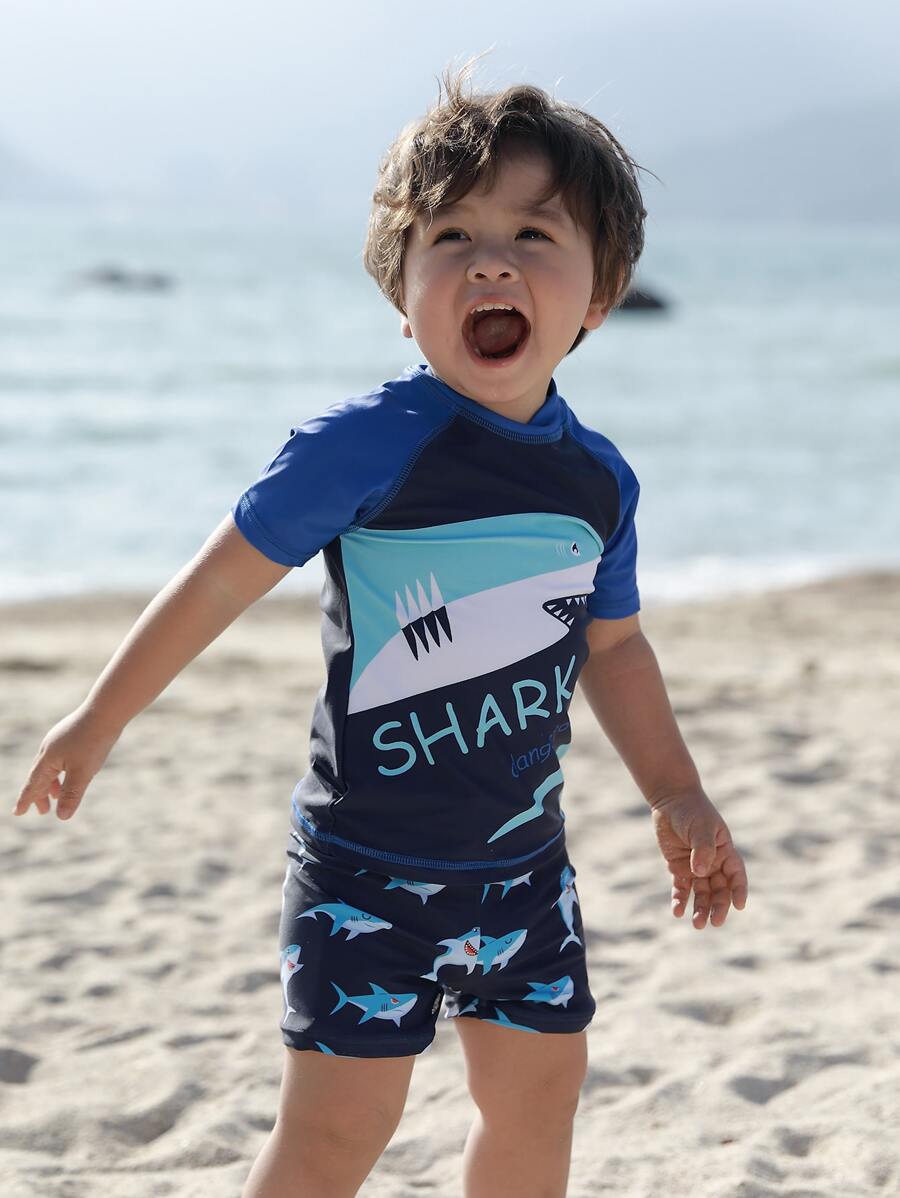 男嬰鯊魚和字母圖案高領沙灘泳裝 - 藏蓝色 - 查看 1