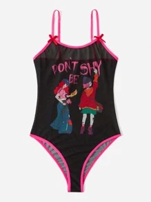 Body teddy con slogan con estampado de figura de dibujos animados ringer con diseño de lazo - Negro - Ver 1