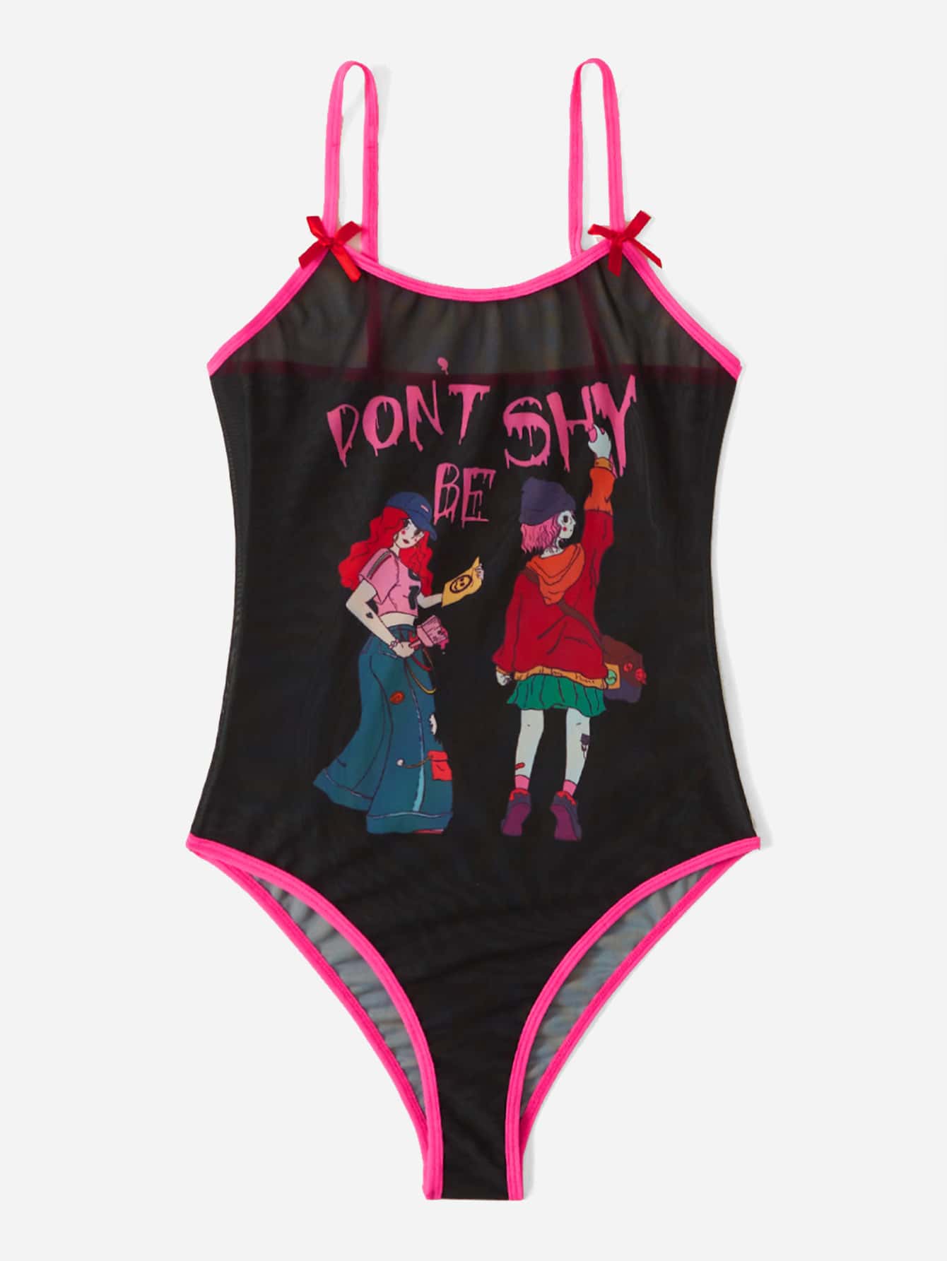 Body teddy con slogan con estampado de figura de dibujos animados ringer con diseño de lazo - Negro - Ver 1