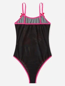 Body teddy con slogan con estampado de figura de dibujos animados ringer con diseño de lazo - Negro - Ver 2