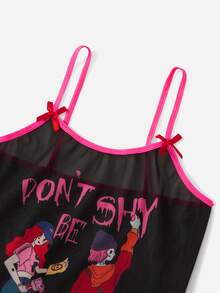 Body teddy con slogan con estampado de figura de dibujos animados ringer con diseño de lazo - Negro - Ver 3