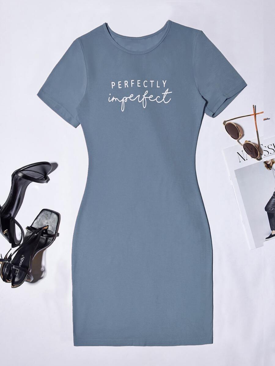 SHEIN Unity Letter Graphic Bodycon Dress - Dusty Blue - View 1