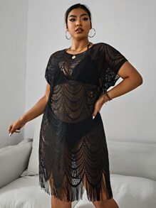 Swim Lushoire Plus Size Hollow Out Fringe Trim Cover Up Dress Without Bikini Set Summer - Black - View 1