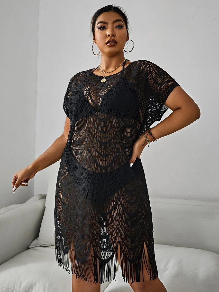 Swim Lushoire Plus Size Hollow Out Fringe Trim Cover Up Dress Without Bikini Set Summer - Black - View 1