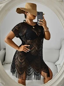 Swim Lushoire Plus Size Hollow Out Fringe Trim Cover Up Dress Without Bikini Set Summer - Black - View 3