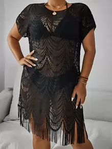 Swim Lushoire Plus Size Hollow Out Fringe Trim Cover Up Dress Without Bikini Set Summer - Black - View 4