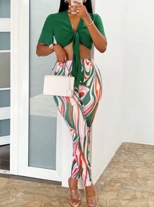 SOLERSUN Tie Front Crop Top & Random Allover Print Leggings - Multicolor - View 3