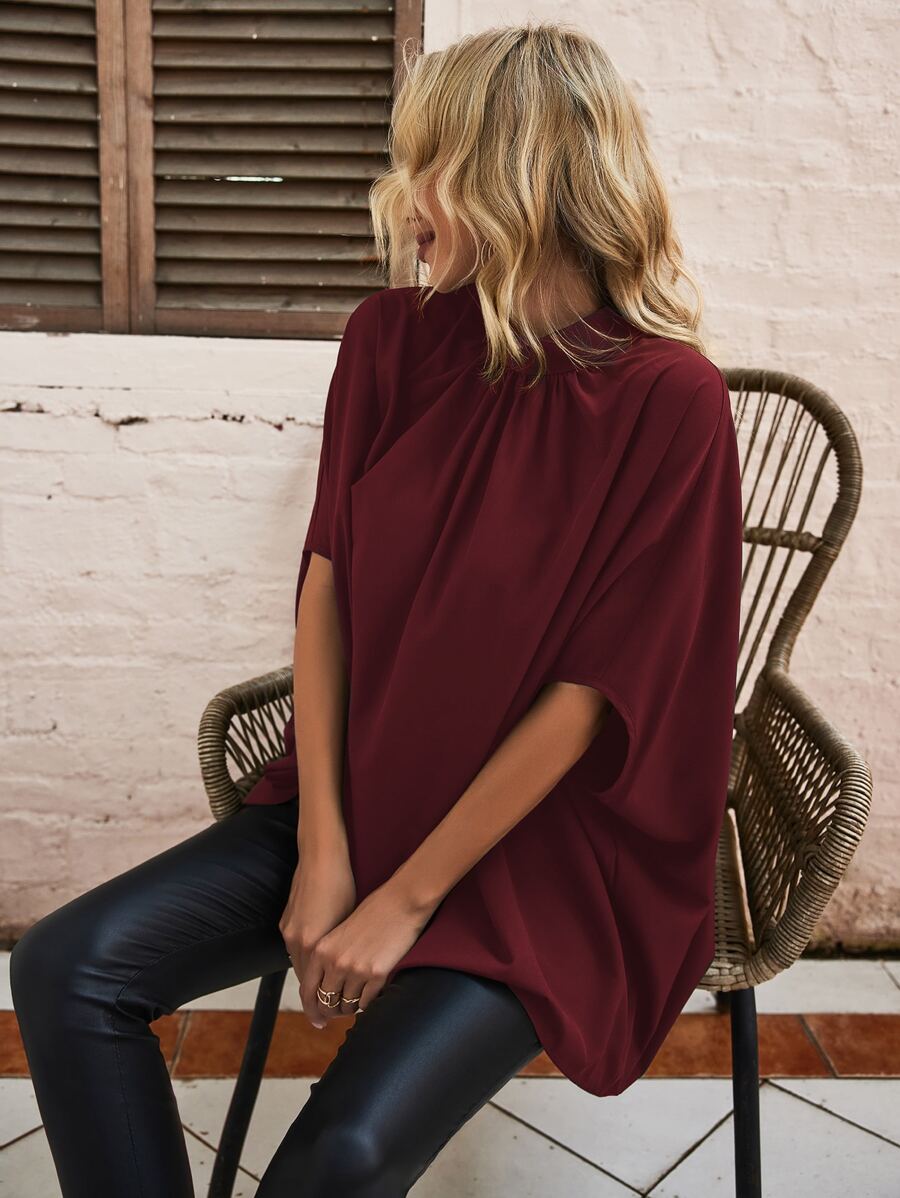Tie Back Batwing Sleeve Blouse - Burgundy - View 1