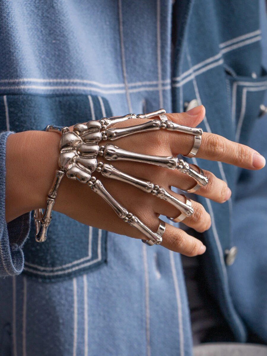 Hombres Pulsera con dedo con diseño de mano de esqueleto - Plateado - Ver 1