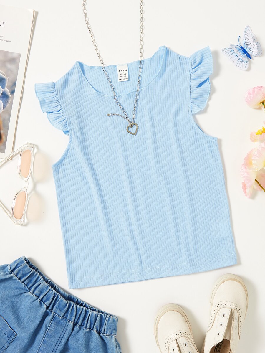 SHEIN Camiseta Para Niñas En La Etapa Tween Con Detalle De Volantes Y ...