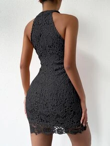 SHEIN LUNE Guipure Lace Zipper Back Halter Neck Bodycon Dress - Black - View 2